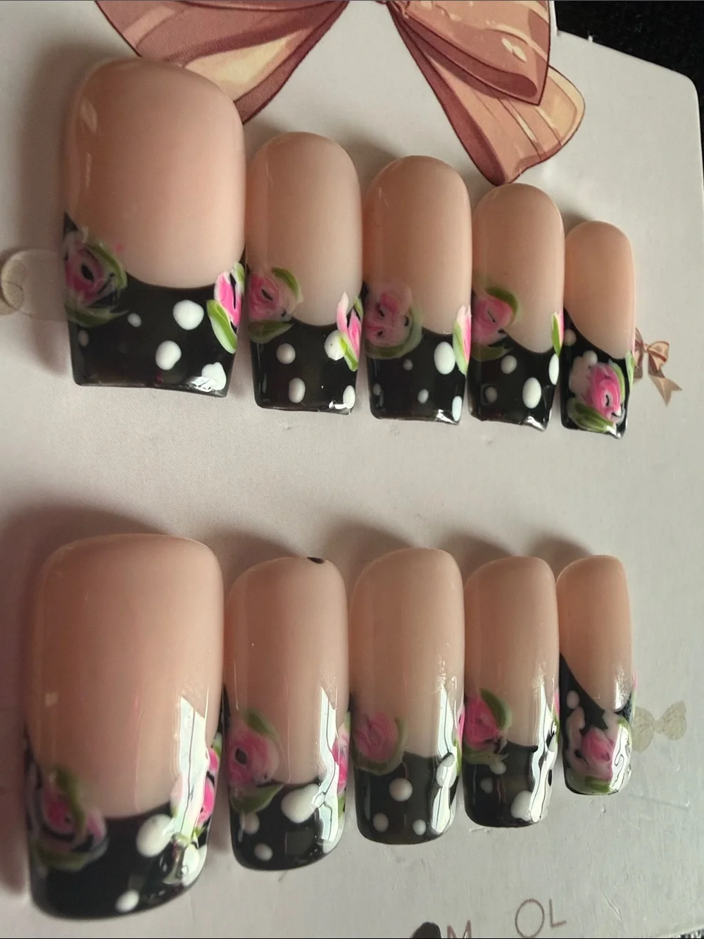 Nude & Black Floral Press-On Nails - Pink Rose Accent